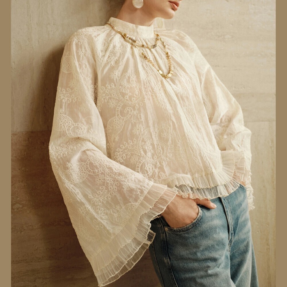 Cream Embroidered Lace Bell Sleeve Ruffle Hem Crop Blouse